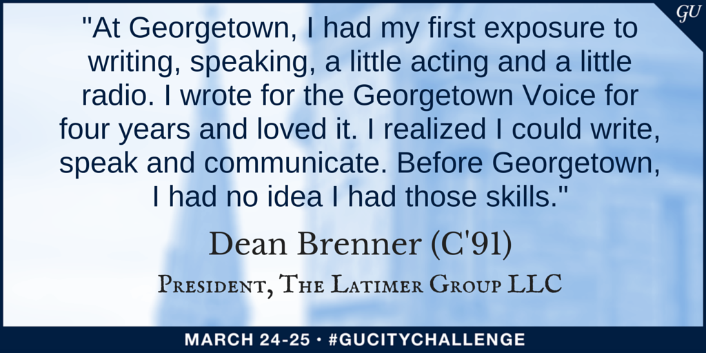 GUCityChallenge's tweet photo. Dean Brenner (C'91) President, @TheLatimerGroup on his Georgetown experience  #GUCityChallenge http://t.co/GtZk7HeKoZ http://t.co/FaAwE8jbmp