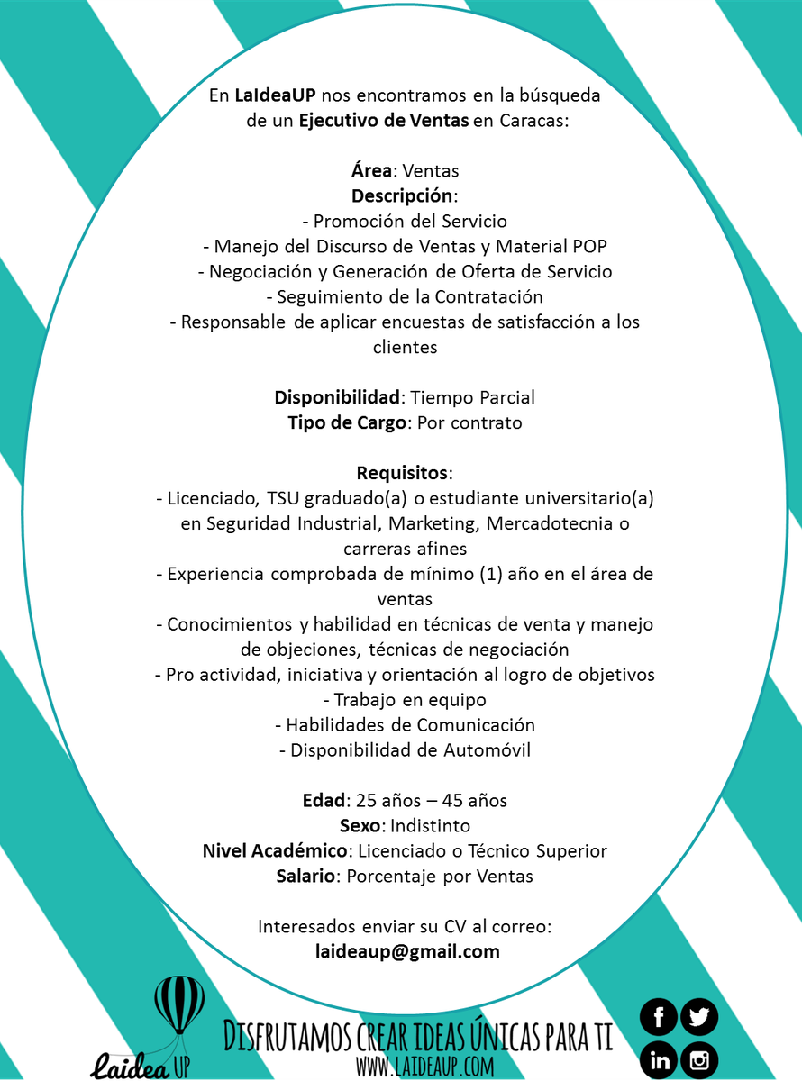 LaIdeaUp's tweet photo. Buscamos un #EjecutivodeVentas en #Caracas: Interesados enviar su CV a laideaup@gmail.com #empleo #vacante #trabajo http://t.co/cpSqCoxult