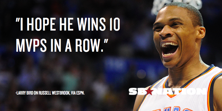 SBNationNBA's tweet photo. We’ve found Russell Westbrook’s biggest fan: Larry Bird. http://t.co/B9rHpj4cPN http://t.co/K5BYxSUS6p
