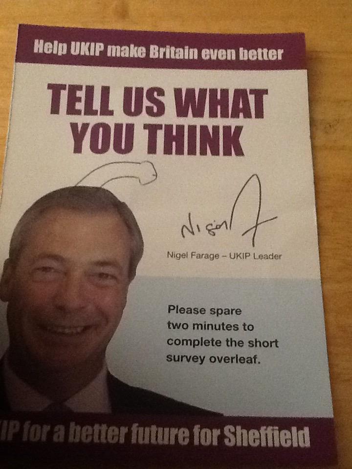MissBeckyLiz's tweet photo. .@Nigel_Farage Maybe time to find a new canvasser... the one that gave me this one today obviously isnt a fan of you. http://t.co/egklCat3XI
