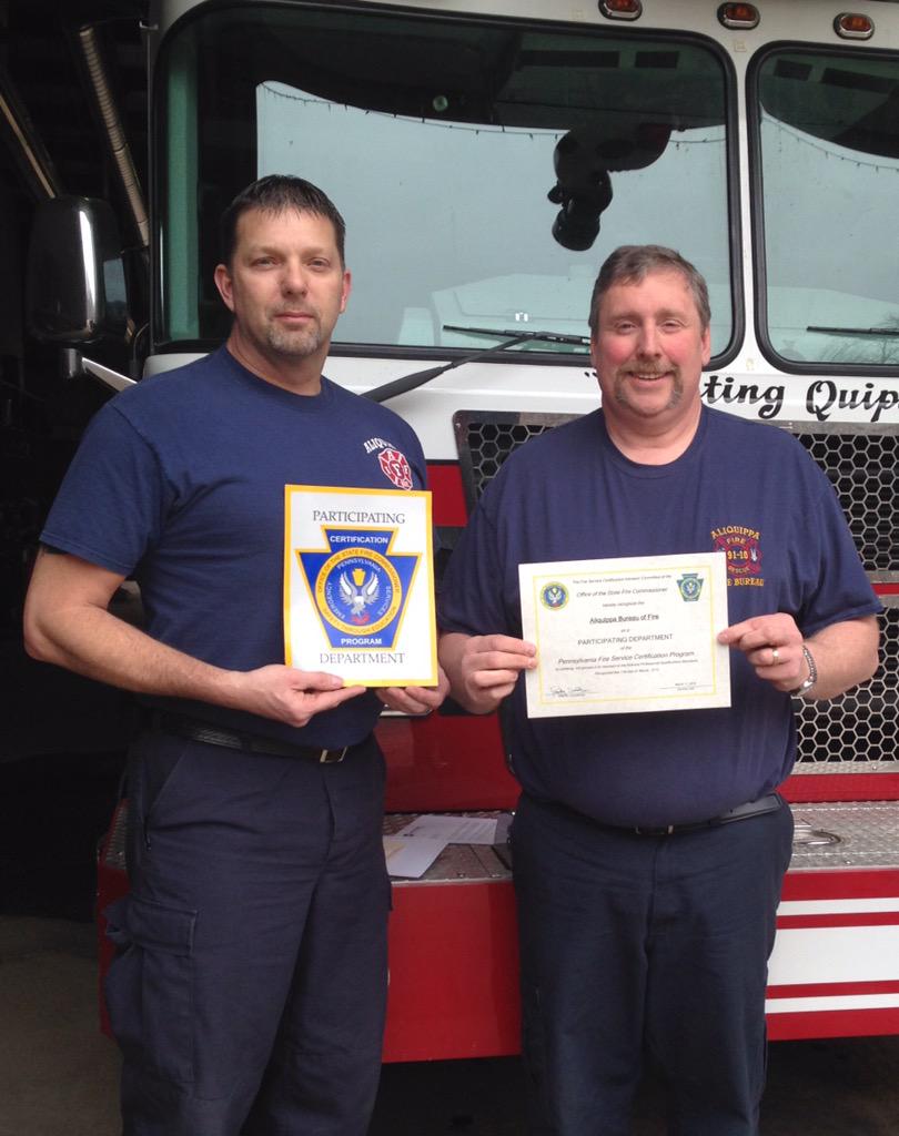 QUIPFIREMAN's tweet photo. Aliquippa Fire is recognized by the PA state fire commissioner as being 100% certified.  @IAFFNewsDesk  #IAFF http://t.co/XDaUDehT1n