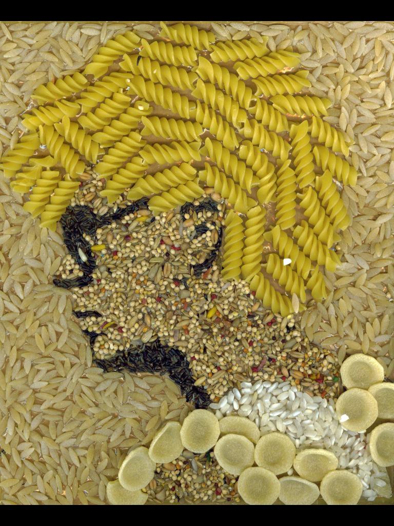  Happy birthday, Adam Clayton! (Pasta and seeds on cardboard, with lots of glue and obsessiveness). 