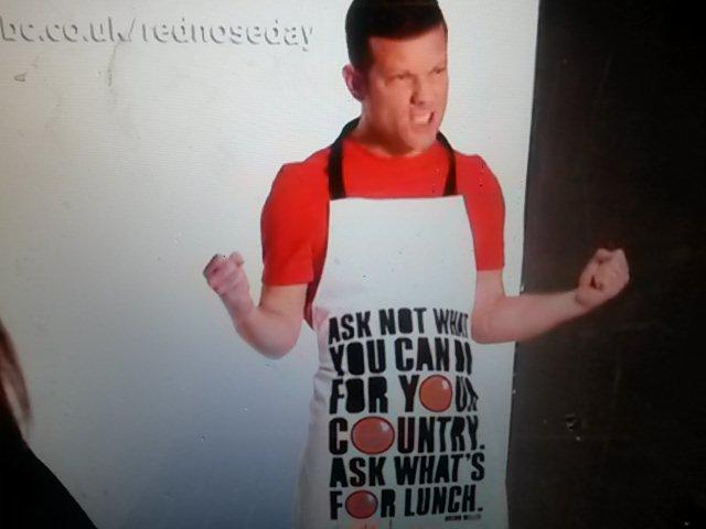 RedNose2015's tweet photo. Dermot is looking great in his @TKMaxx_UK apron #ComicRelief http://t.co/Po92VMw9EK