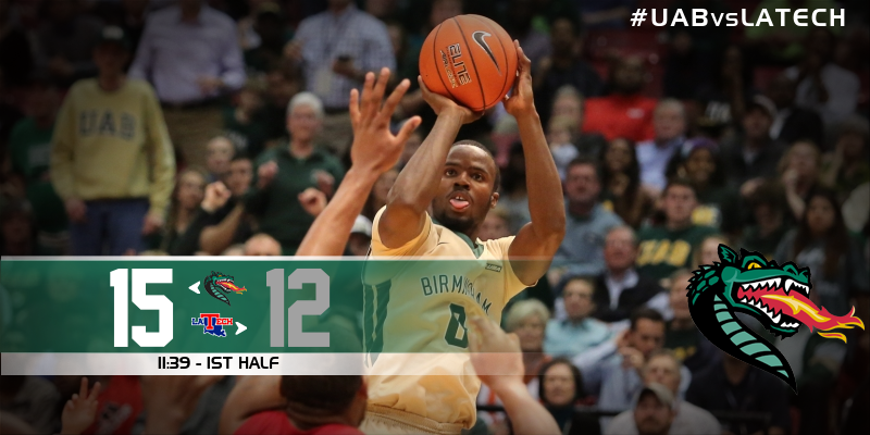 UAB_MBB's tweet photo. At the 11:39 mark in the first half, @UAB_MBB leads Louisiana Tech, 15-12. #GoBlazers #UABvsLATECH http://t.co/CnqjUnW1ER