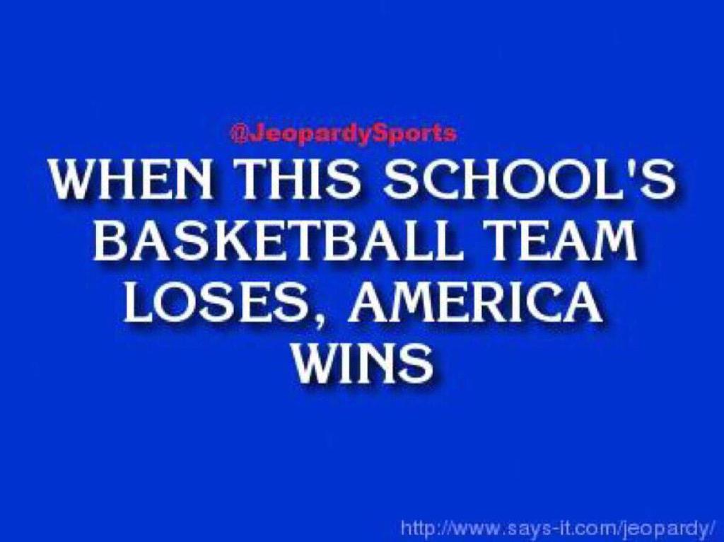 JeopardySports's tweet photo. "What is: Duke University?" #JeopardySports http://t.co/qpxD5TMHff