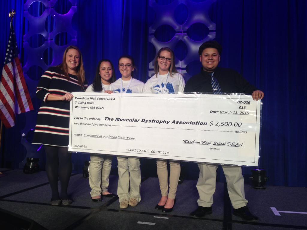 MDABoston's tweet photo. Honored to have received $2,500 from Wareham DECA in memory of their friend Chris. @Mass_DECA @DECAInc @MDAnews http://t.co/thmU8KKy6P