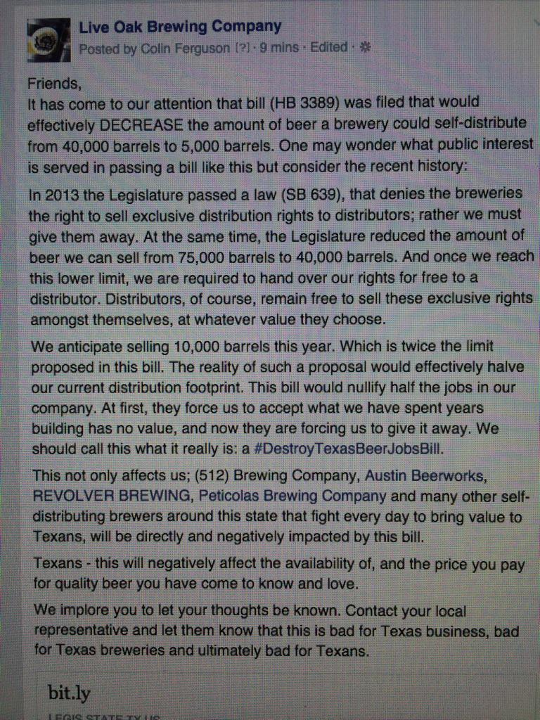LiveOakBrewing's tweet photo. Our response to the #destroytexasbeerjobsbill now making its way through @TXlege #standwithtxbeer @AustinBeerGuide http://t.co/TQNigWmgWi