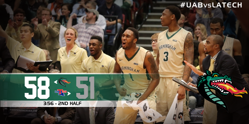 UAB_Athletics's tweet photo. With 3:56 left to go in the game, @UAB_MBB holds a 58-51 advantage over Louisiana Tech. #GoBlazers #UABvsLATECH http://t.co/g48fkXpVPk