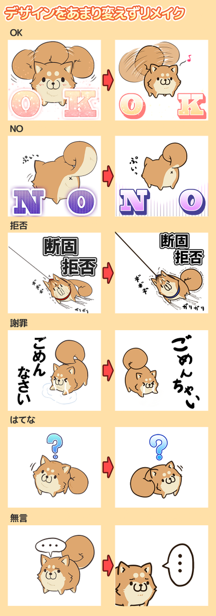 【1～4枚目:デザインをあまり変えずリメイクしたもの】一見使い回しに見えるやつもあるかもしれませんが、全て一から作り直しておりますです(`・ω・') #LINEスタンプ  #ボンレス犬 