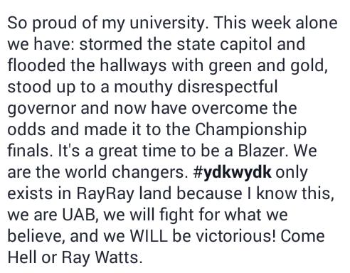 Blazerlove2014's tweet photo. #freeuab #CUSAChamp #FireRayWatts #uabstrong http://t.co/b7VUb3FWXO