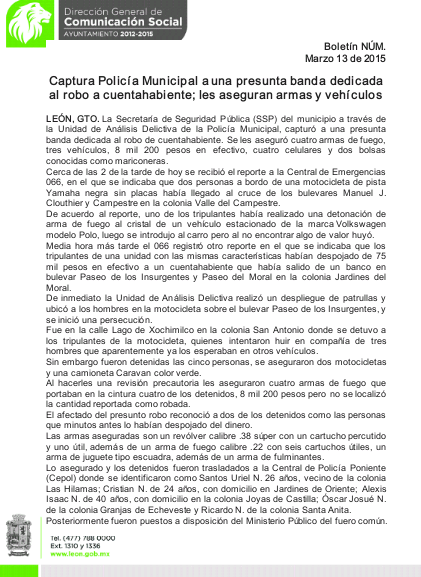 Seguridad_Leon's tweet photo. Capturan @policia_leon  a presunta banda dedicada al robo a cuentahabiente; les aseguran armas y vehículos http://t.co/0Wcz3upLTD
