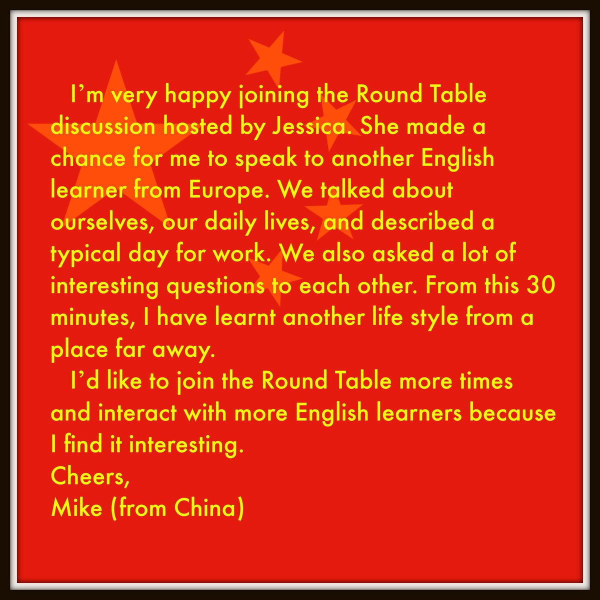 SkypEnglish4U's tweet photo. Mike from #China talks about his 'Round Table' experience #SE4UChat #English #ESL #Speaking #EngPls #Twinglish http://t.co/jlgSyAO6ef