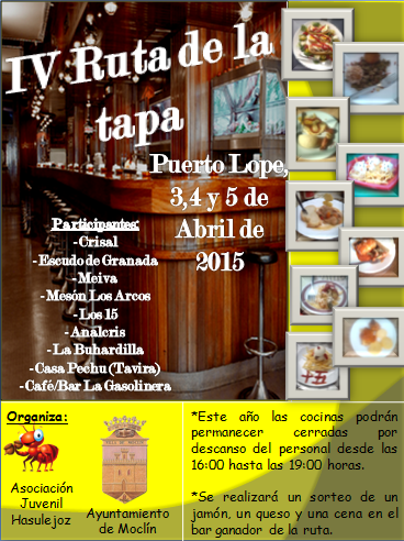 Hasulejoz's tweet photo. IV RUTA DE LA TAPA PUERTO LOPE!!! los dias 3,4 y 5 de abril Ven  y disfruta de las tapas! Te esperamos! http://t.co/C86ZqSrUbC