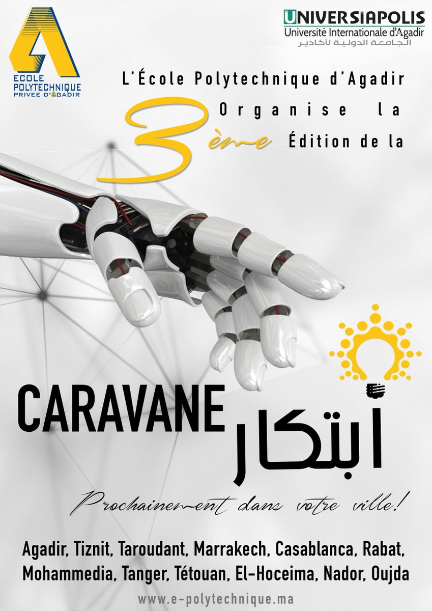 PolytechAgadir's tweet photo. 3ème édition de la Caravane Ibtikar, Prochainement!!
#CaravaneIbtikar #EcolePolytechniqueAgadir #PolytechniqueAgadir http://t.co/5qIKi14Wso