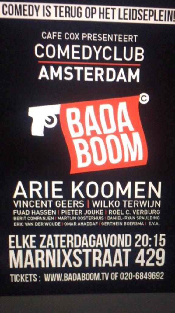 WilkoTerwijn's tweet photo. 20:15 is het zo ver! Badaboom Comedyclub Amsterdam opent haar deuren @CafeCox! Comedy is terug op het Leidseplein! http://t.co/czbVzuSgqA