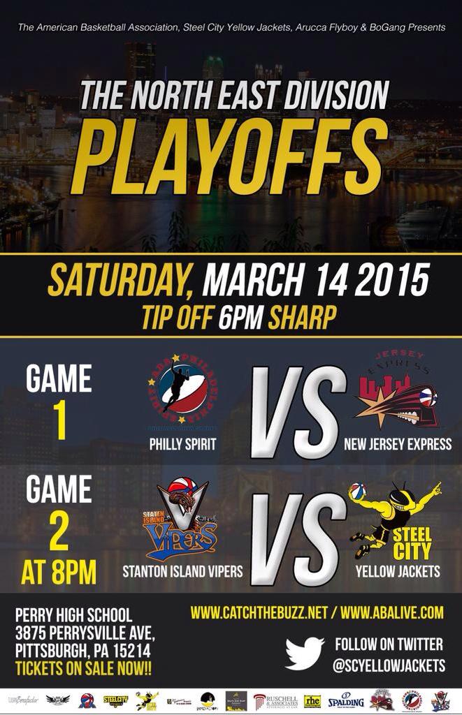 SCYellowJackets's tweet image. Don't miss the @ABAProBall #NorthEast division #playoffs #today in #Pittsburgh #CatchTheBuzz