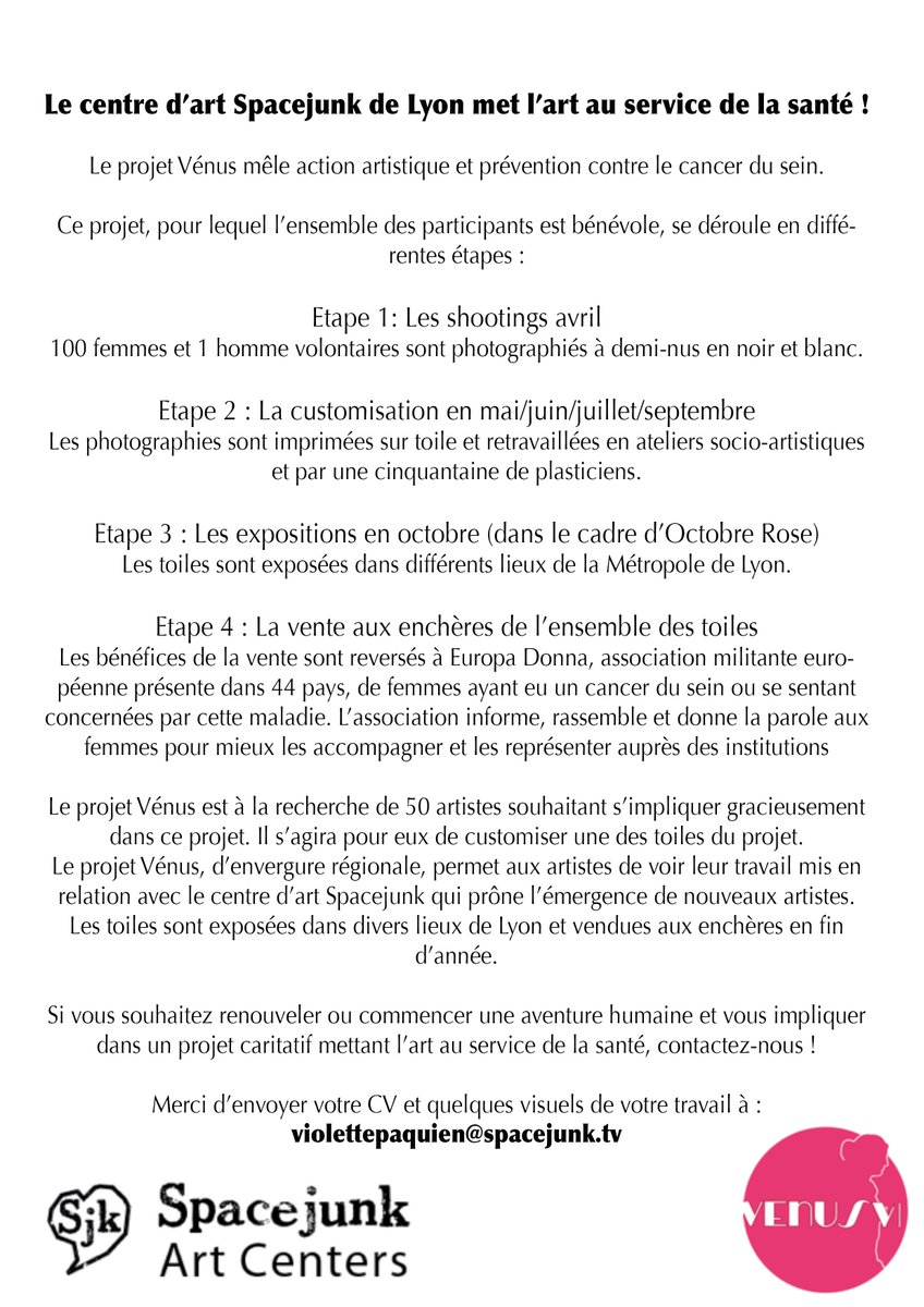 Le <a href="/ProjetVenusLyon/">Projet Vénus Lyon</a> recherche des #artistes ! #art #santé #bénévolat