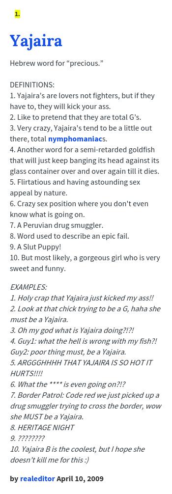 Twitter 上的Urban Dictionary："@Boldjacks Yajaira: Hebrew Word For “Precious.”  Definitions: 1. Yajaira's Are... Http://T.co/Hm6Zyuopuj  Http://T.co/Lokowdci0I" / Twitter