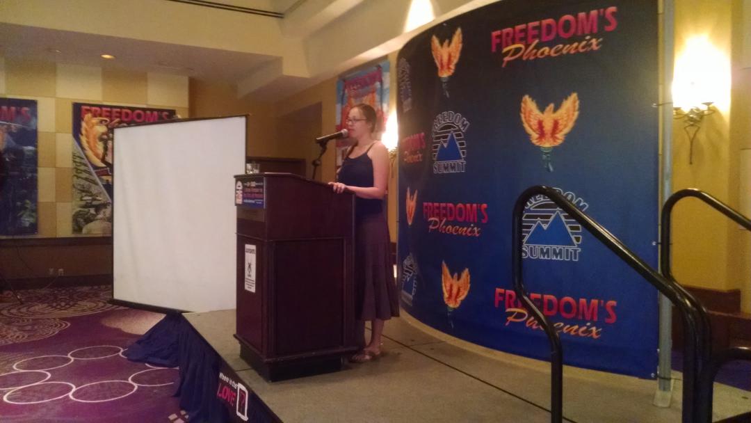 BitcoinSummit's tweet photo. Alma Sommer is sharing her experience with #bitcoin and her #undocumentedhuman tour. The advantages of #agorism. http://t.co/tMMeKPSBmh