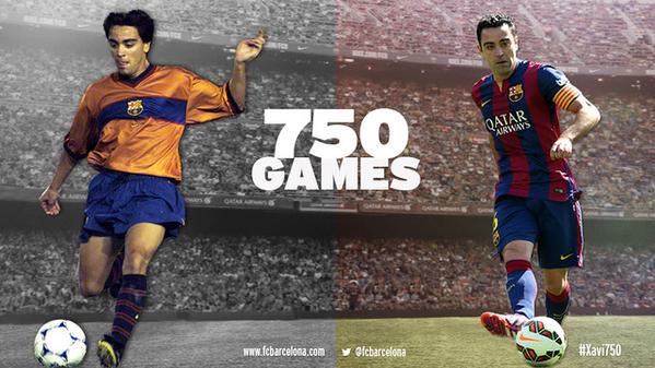 fcbarcelona_id's tweet photo. Selamat kepada Xavi Hernandez yang telah memainkan laga officialnya yang ke-750 #Xavi750 http://t.co/wdtXWHn01t