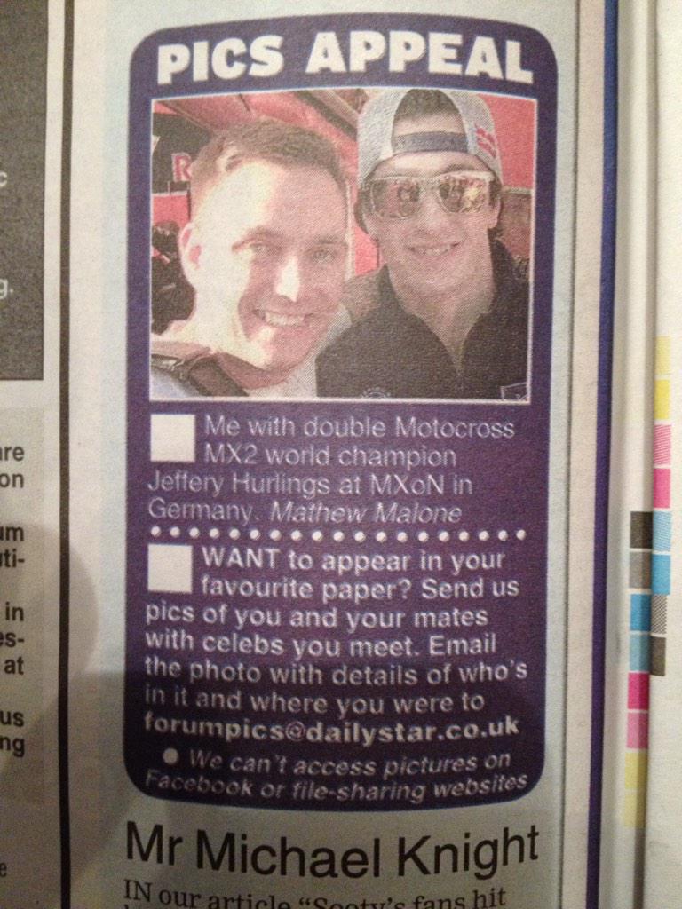 mathmalone's tweet photo. @JHerlings84 we made the UK national newspaper today with this shot from #mxon #2013 !!! Ha ha #84 #pumped http://t.co/24Sny7uXye