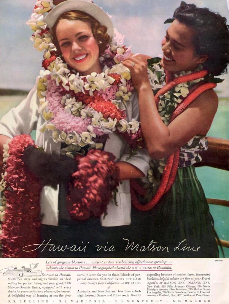 Leis of gorgeous blossoms symbolizing ancient custom of affectionate greeting. Arriving in Honolulu on Matson Lines.