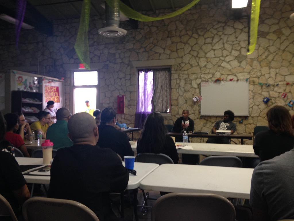 norarahimian's tweet photo. .@CJCjilla & @RaspyRawls making connections between #ferguson and other struggles. #CommonOppressor #sanantonio http://t.co/MKYo1UmU4W