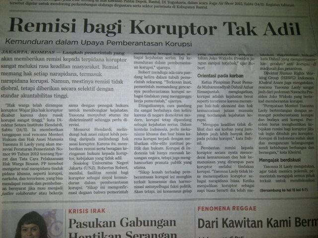 katongsupriadi's tweet photo. Kompas cetak, 15/03/2015 "Remisi koruptor tdk adil, @Dahnilanzar  ketum @pppemudamuh koruptor adalah kejahaatan berat http://t.co/OmOjcryKoO
