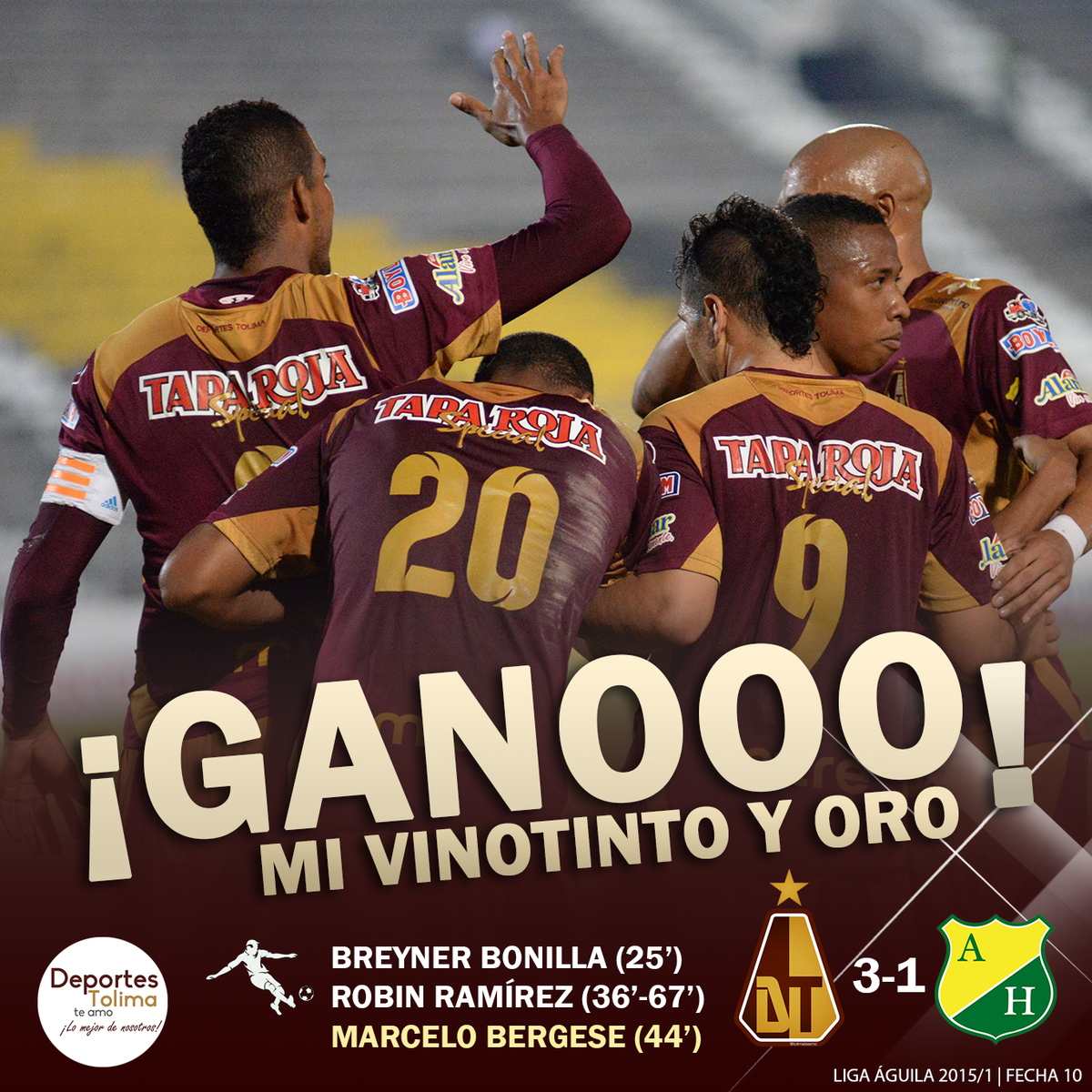 tolimateamo's tweet photo. ¡GANÓ EL VINOTINTO Y ORO! Deportes Tolima llegó a los 17 pts y se mantiene en la parte alta de la tabla. ¡Celebra! http://t.co/ZEjZLaPfer