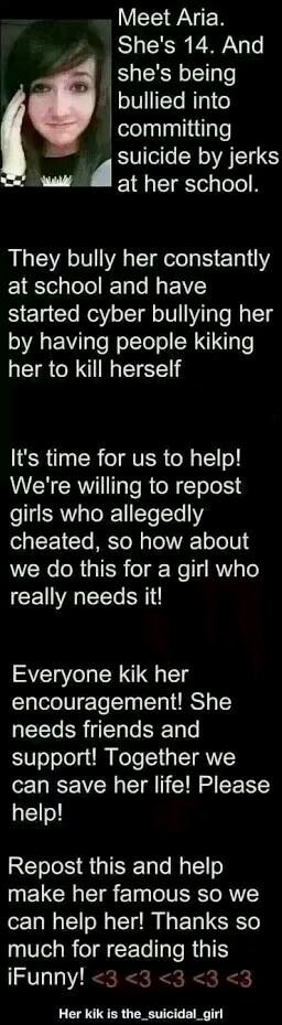 Lady_Saber's tweet photo. Read this & retweet it, make this trend and save a life!!!! #SaveAria #StopSuicide #StopBullying http://t.co/JjGovzs9C8