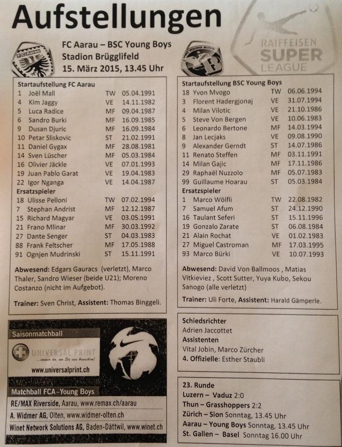 BSC_YB's tweet photo. Das Matchblatt zum heutigen Spiel Aarau - YB. #FCAYB http://t.co/kdLpS5i7Ah