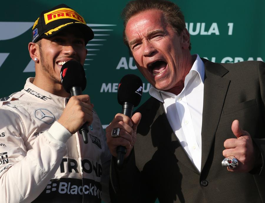 F1's tweet photo. When @Schwarzenegger met @LewisHamilton... WATCH the full video: http://t.co/zEq2aCcFOx #AusGP http://t.co/utLOptYiZe
