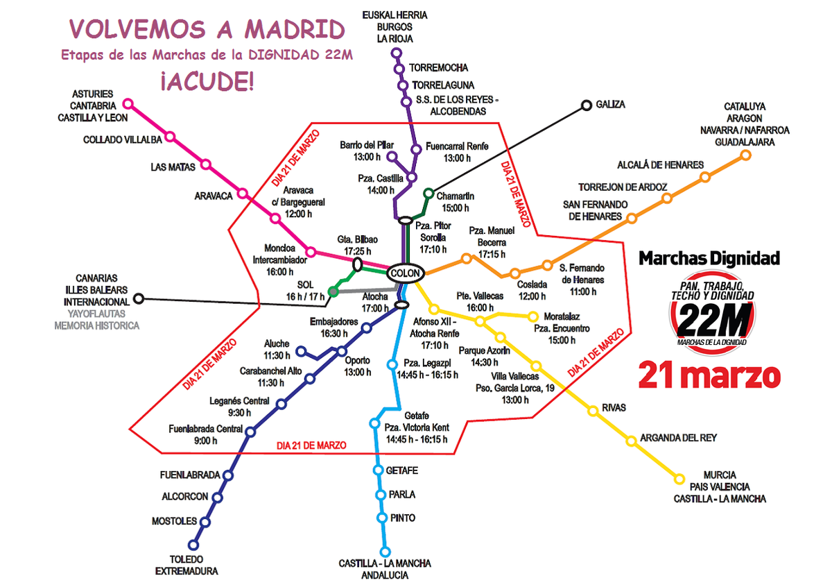 SomosMayoria_MA's tweet photo. El #21MVolvemosaMadrid a gritar y exigir: PAN TRABAJO TECHO y DIGNIDAD. Sigue tu ruta y únete a las marchas a Colon http://t.co/qxlBq88ITS