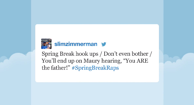 FallonTonight's tweet photo. Getting ready for Spring Break? These #SpringBreakRaps should help: https://t.co/EUpC9D87GE http://t.co/DGXTKIUGvJ