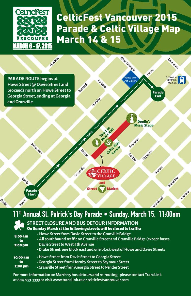 Here is the Vancouver St. Patrick's Day Parade route plus a list of road closures glbn.ca/Km2rF