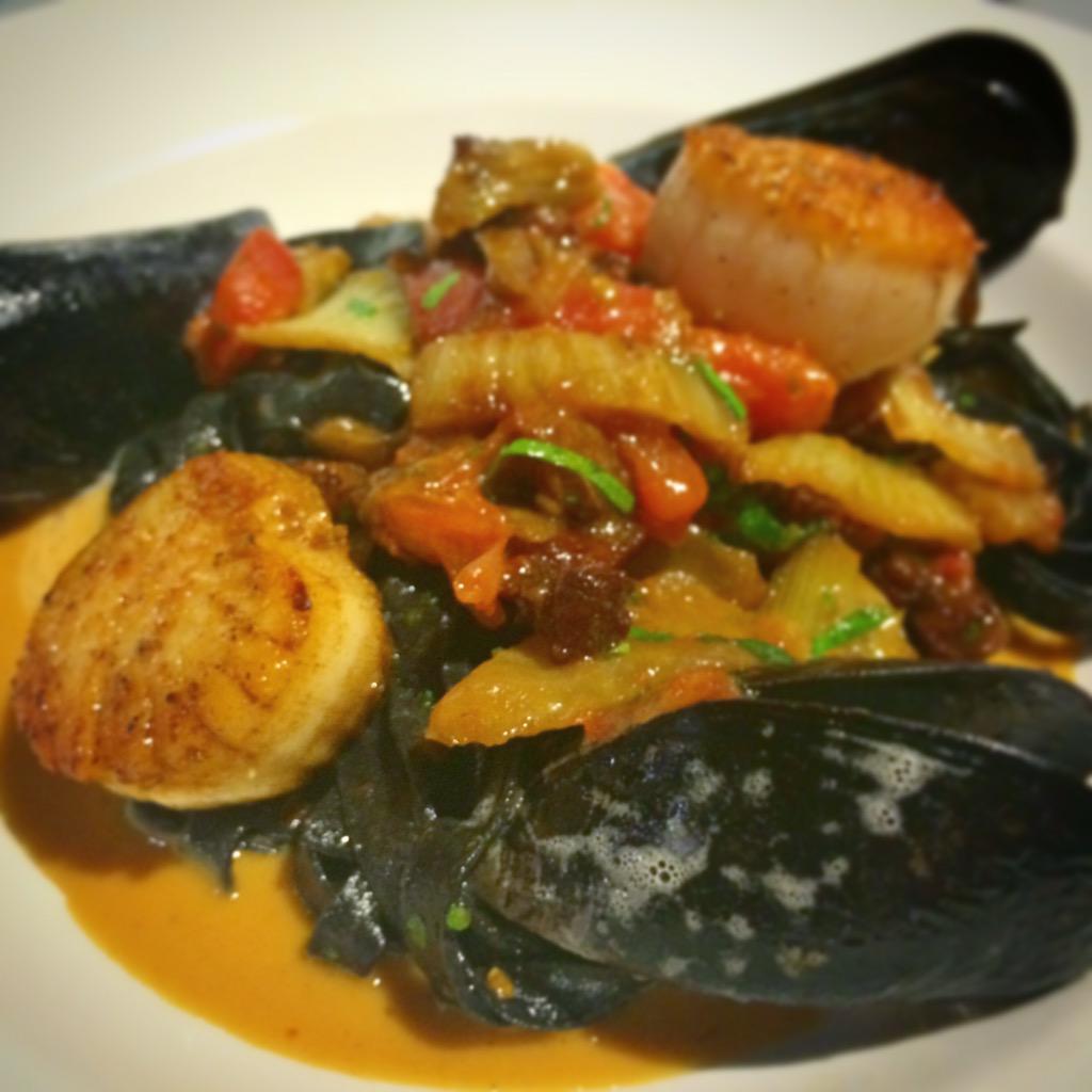 Squid ink linguini with Fresh Seafood and Sauce Americana