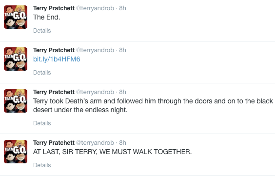 Paganpiper's tweet photo. What a way to go! Farewell, Sir Terry. http://t.co/7zMifWH6ny
