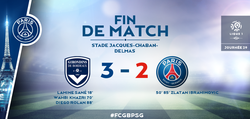 PSG_inside's tweet photo. 90+3' Paris s'incline 3 buts à 2 face à Bordeaux. #FCGBPSG http://t.co/ejlk0skThO