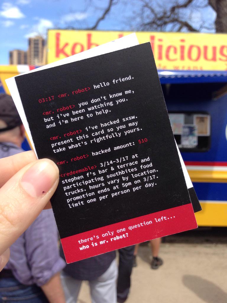 Thank you #mrrobot for lunch <a href="/SXSW15/">SXSW 2016</a>...who is Mr Robot? 👾