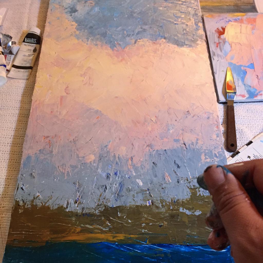 varick's tweet image. Acres and acres of paint layers. #paintprocess #wip #landscape #painting #acrylic #paletteknife