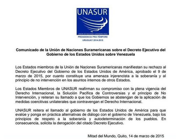 Comunicado de la Unión de Naciones Unidas Suramericanas sobre el Decreto Ejecutivo del Gobierno de EEUU sobre Vzla.
