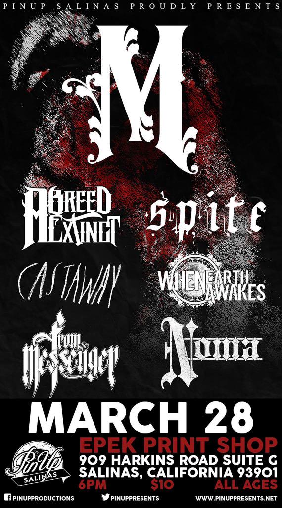 PinUpPresents's tweet photo. TOMORROW in Salinas @MothersoundLA @ABreedExtinct @SPITEca @castawayca @WhenEarthAwakes #FromTheMessenger @Noma_CA http://t.co/Ze2EtjtnRl