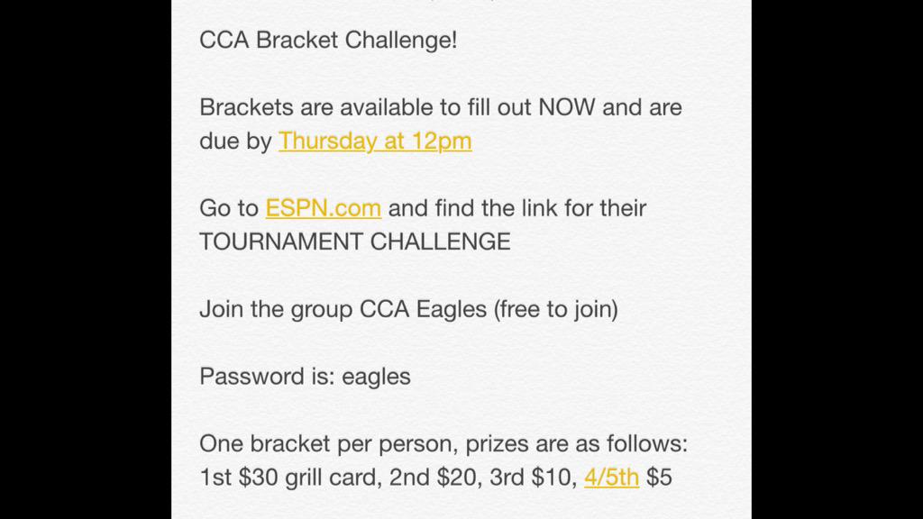 CCAStudentLife's tweet photo. CCA Bracket Challenge is LIVE http://t.co/LtG08Z0VQb