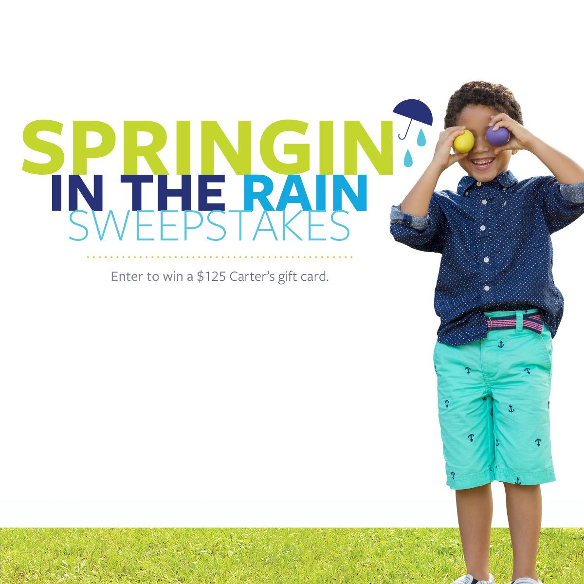 Carters's tweet photo. Enter the #springinintherain sweepstakes for a chance to win a $125 Carter's gift card. http://t.co/w3KSU6cGux. http://t.co/MhRrBC8AKw