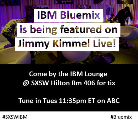 sandy_carter's tweet photo. #IBM #bluemix rocks @jimmykimmel on Tuesday  http://t.co/zySRL1UuVb #SXSW #SocBiz http://t.co/c7umBh6aNY