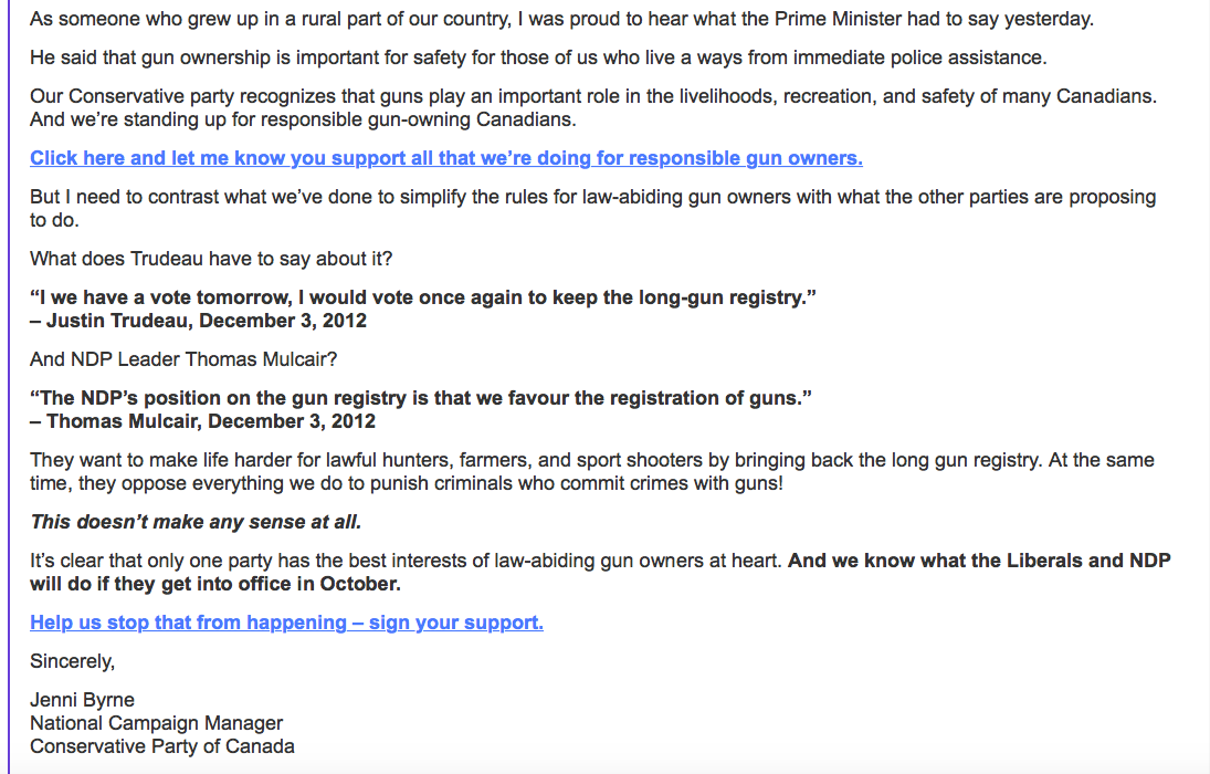 susandelacourt's tweet photo. P.S.: We'll be reading your emails under C-51, but honest, your guns are none of our business. #cdnpoli http://t.co/uexiSv6MxJ