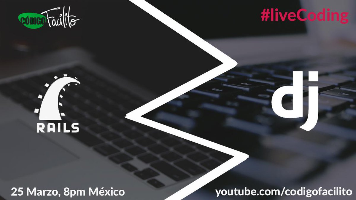 codigofacilito's tweet image. 25 Marzo 8pm (hora México) #retasProgramacion Django vs Rails :) ! Invitado: @henocdz ¡No se lo pueden perder!