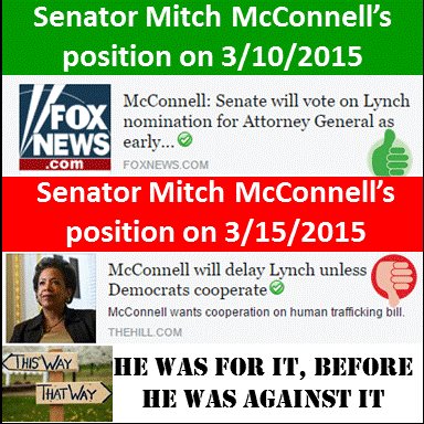 D9forRealChange's tweet photo. .@RightAct4Women  McConnell flip flopped on bringing the vote to  #confirmlorettalynch  #mcconnellblackmailscheme http://t.co/ZjZKF2Zs05