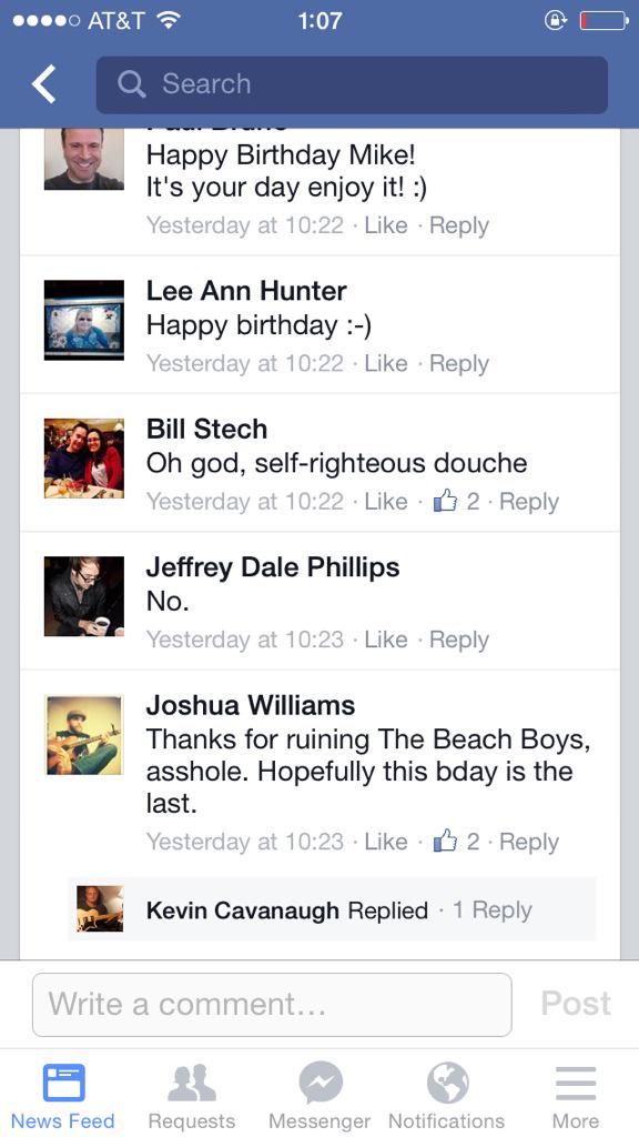 No, really, go read the comments on the Beach Boys\ \"Happy Birthday Mike Love\" Facebook post:  