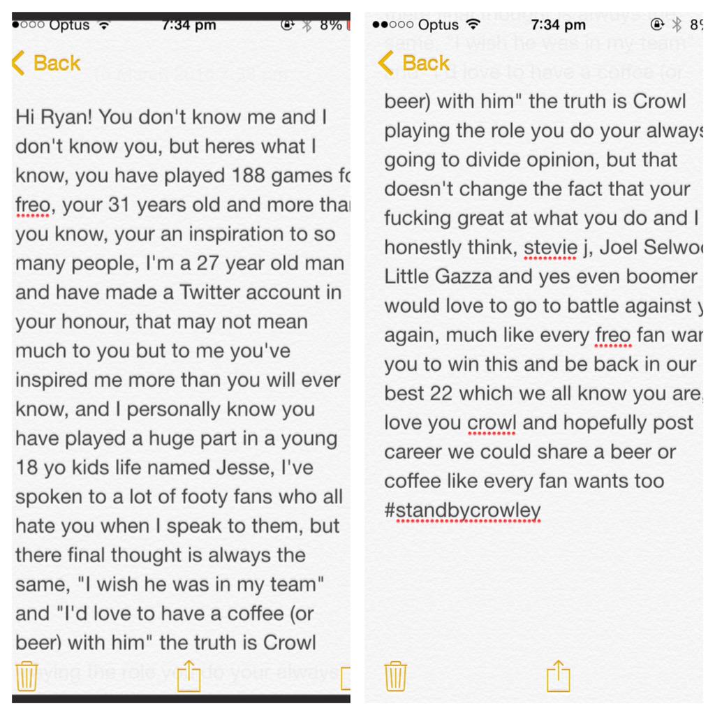 Crowleysweat's tweet image. An open letter to @ryanmcrowley he means more to the @Fremantle_FC army than he will ever know